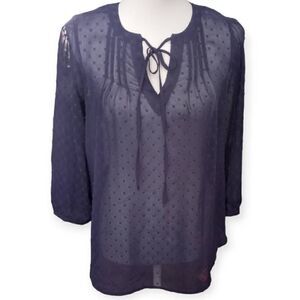 ELLE NAVY Clip-Dot Pintuck BLOUSE SZ.XS EUC